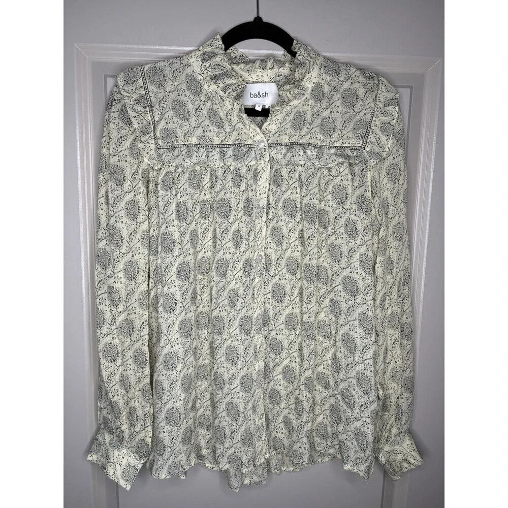 Ba&sh Bora Shirt Light Yellow Pattern Size Medium Long Sleeve Ruffle Trim_3